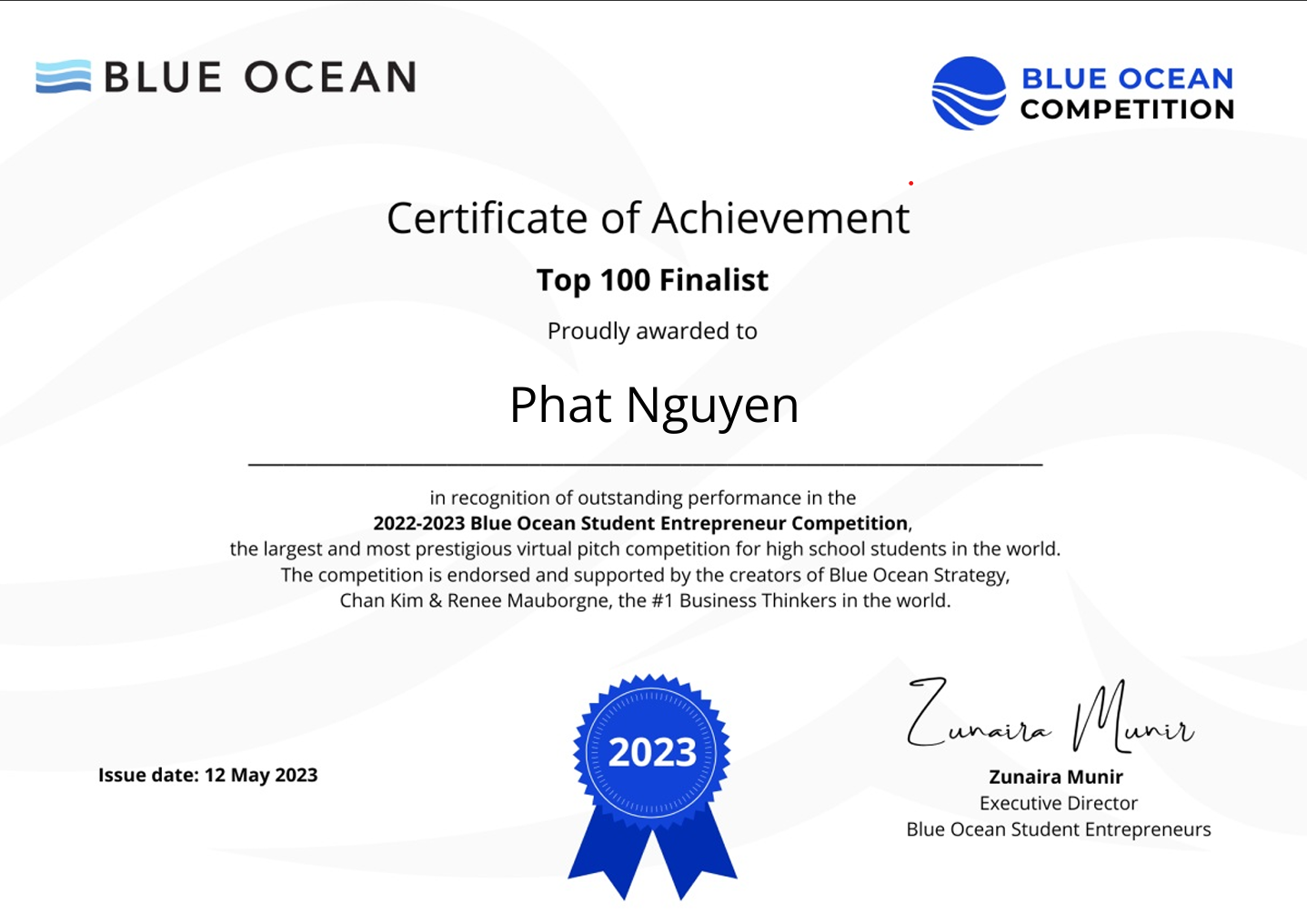 Top 100 finalist at Blue Ocean Competition 2023