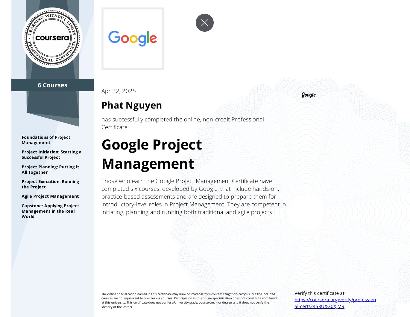 Coursera: Google Project Manager